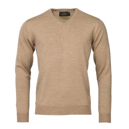 Laksen Sussex V-neck Merino Sweater i Sand